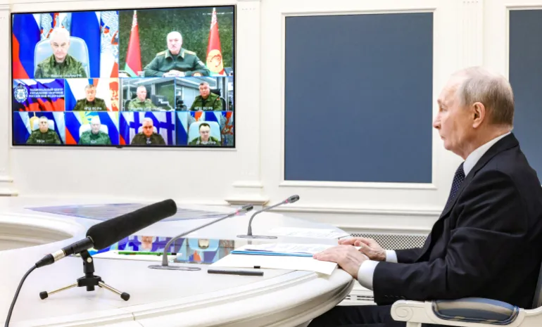 Russian President Vladimir Putin observes joint nuclear war games at the Kremlin in Moscow on May 21, 2026.