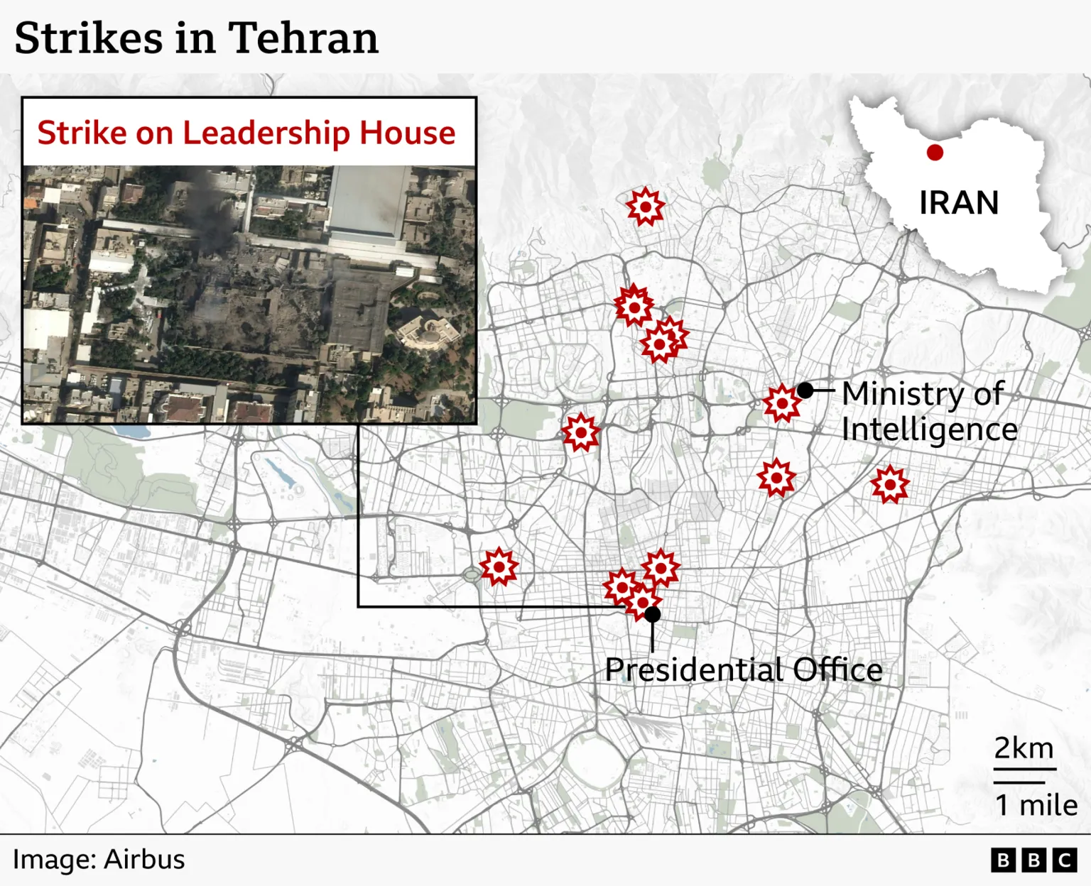 A detailed street‑map of Tehran showing several locations marked with red explosion‑style icons indicating strike sites. In the northern part of the city, one marker sits at the Ministry of Intelligence. Farther south, a cluster of markers indicates multiple strikes near the Presidential Office. To the east, there is another individual strike marker. A box in the upper left shows a satellite close‑up labelled “Strike on Leadership House,” depicting a damaged compound with dark blast marks and su