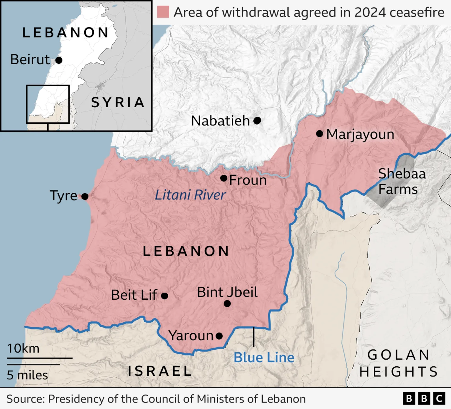 Map of southern Lebanon showing Litani River evacuation line and 2024 ceasefire agreement boundaries.