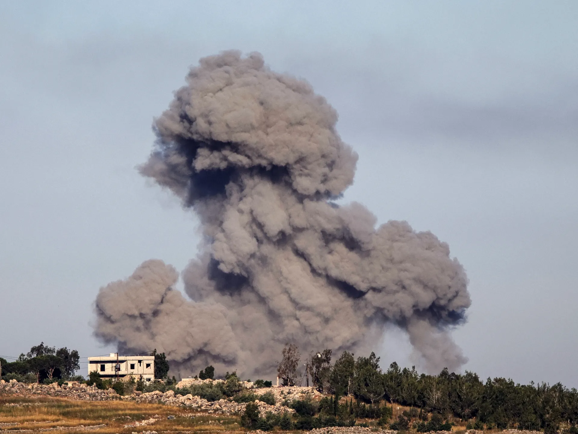 Smoke rises from an Israeli air strike on the village of Arnoun, as seen from the Marjayoun area in southern Lebanon [AFP]