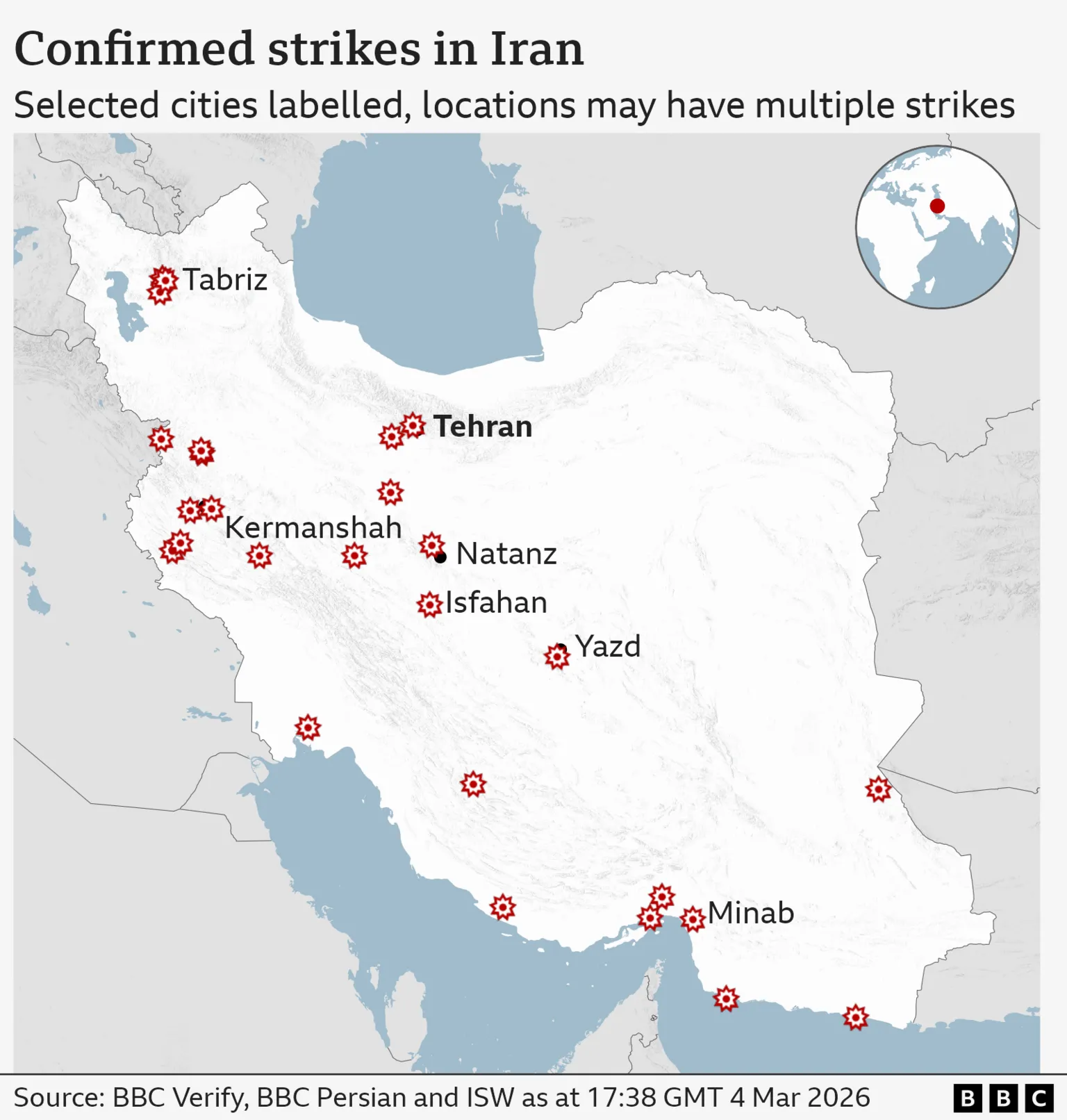 Map of Iran displaying locations targeted by US and Israeli strikes during the military campaign.