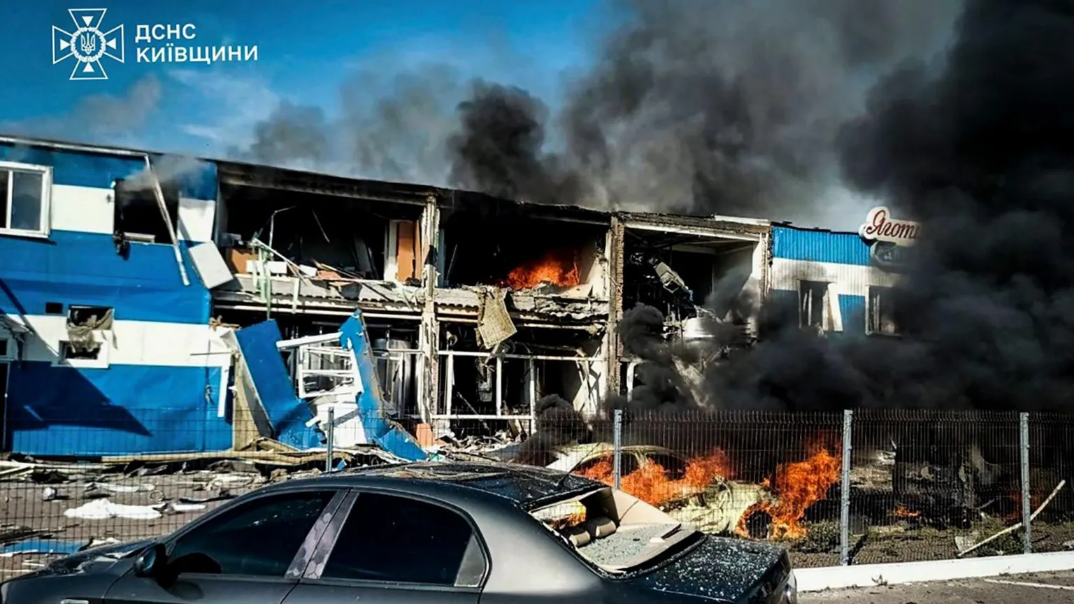 Aftermath of Ukrainian strike on dairy factory in Kyiv region documented by state emergency services.
