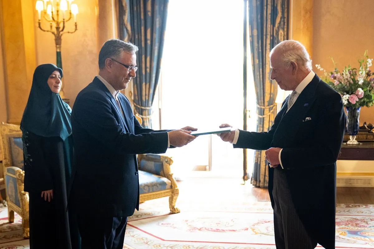 Ambassador from Iran, Seyed Ali Mousavi presents his credentials to King Charles III during a private audience at Buckingham Palace on June 12, 2025 in London