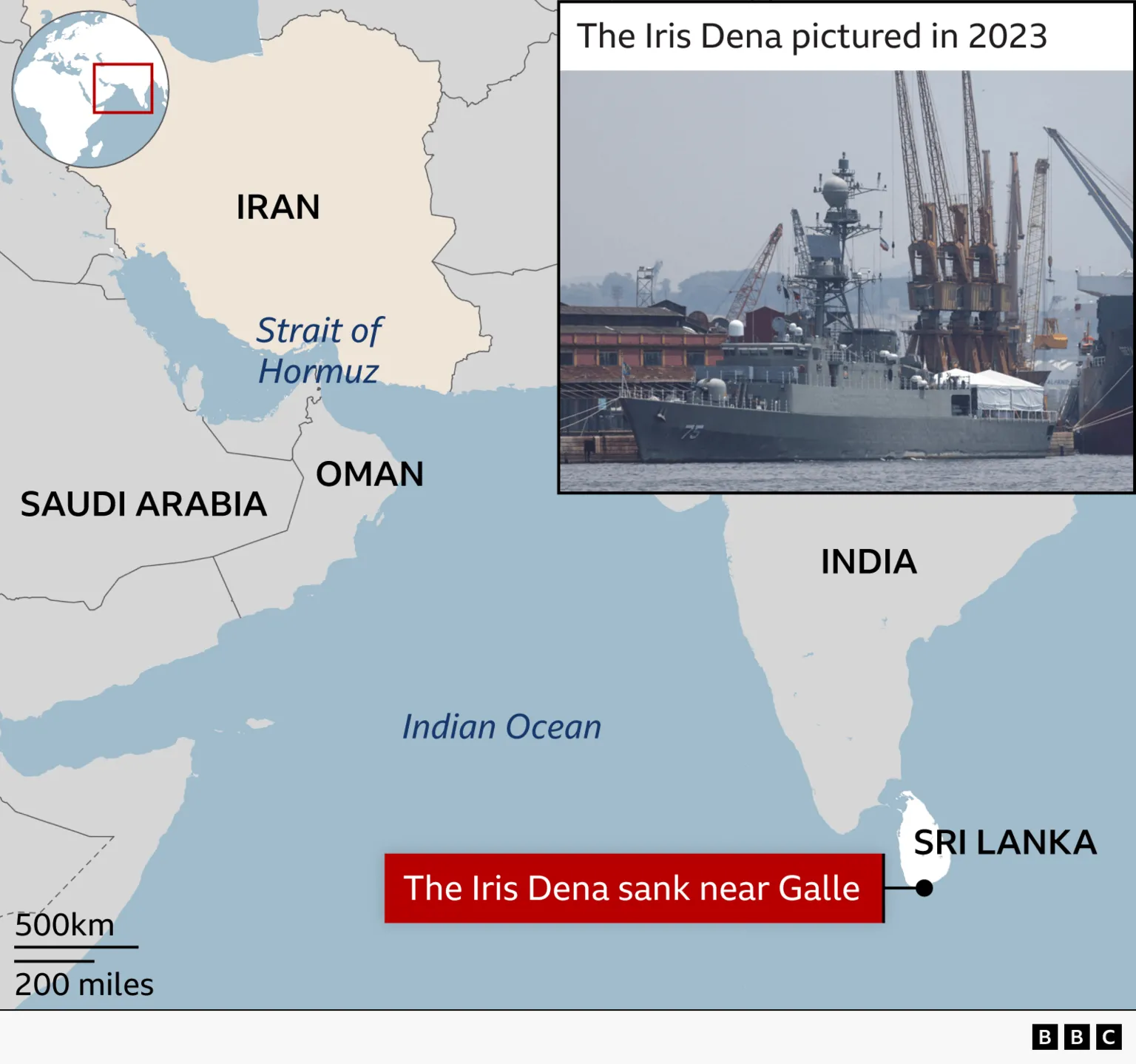 Map showing Indian Ocean region where US submarine torpedoed Iranian frigate IRIS Dena west of Sri Lanka.