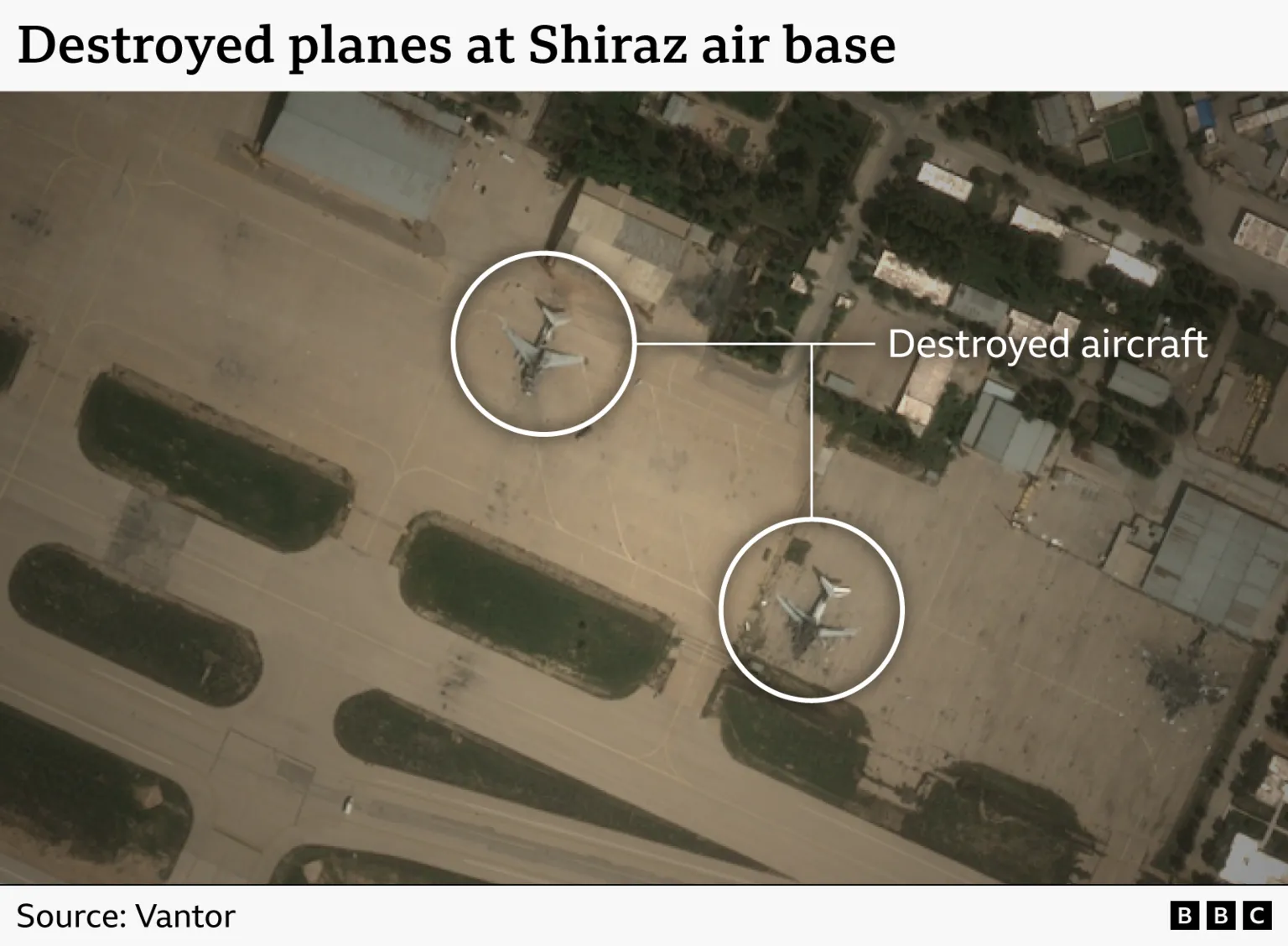 Satellite imagery documents destroyed aircraft on the runway at Shiraz air base after recent strikes.
