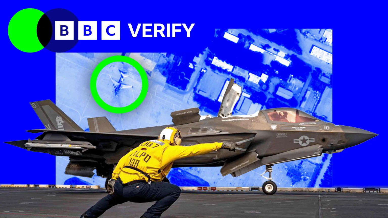 US Navy airman signals F-35 fighter jet for takeoff during operations in the escalating conflict.