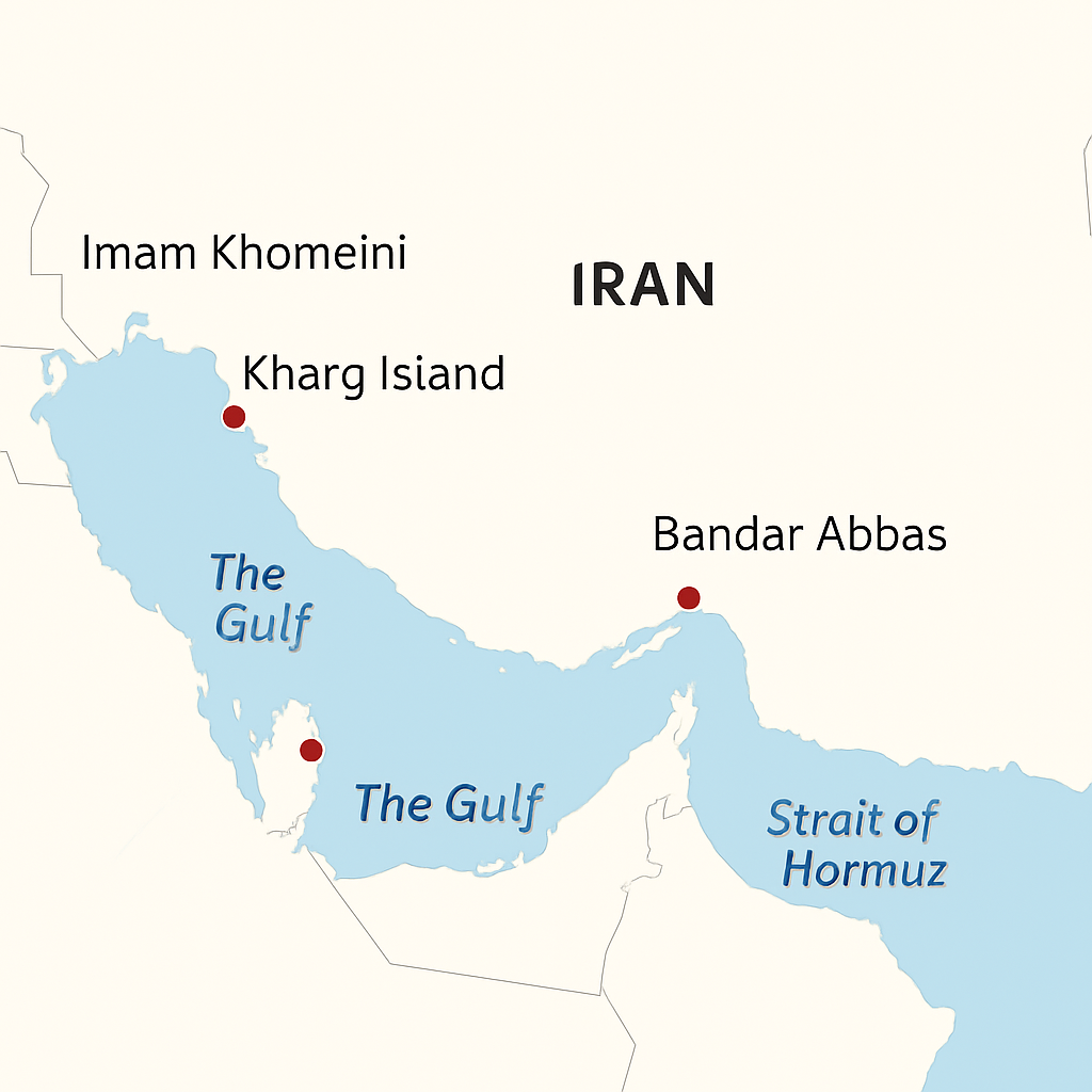 Map titled “Iranian ports in the Gulf region” showing Iran’s southern coastline along the Persian Gulf and the Gulf of Oman. Ports and major jetties are marked with red dots, including Imam Khomeini, Kharg Island and Bandar Abbas. The Strait of Hormuz is labeled between the Gulf and the Gulf of Oman, with surrounding waters and the Arabian Sea shown in blue. Iran and neighbouring land areas are shaded grey, with a distance scale in kilometres and miles and a BBC logo in the bottom right corner.