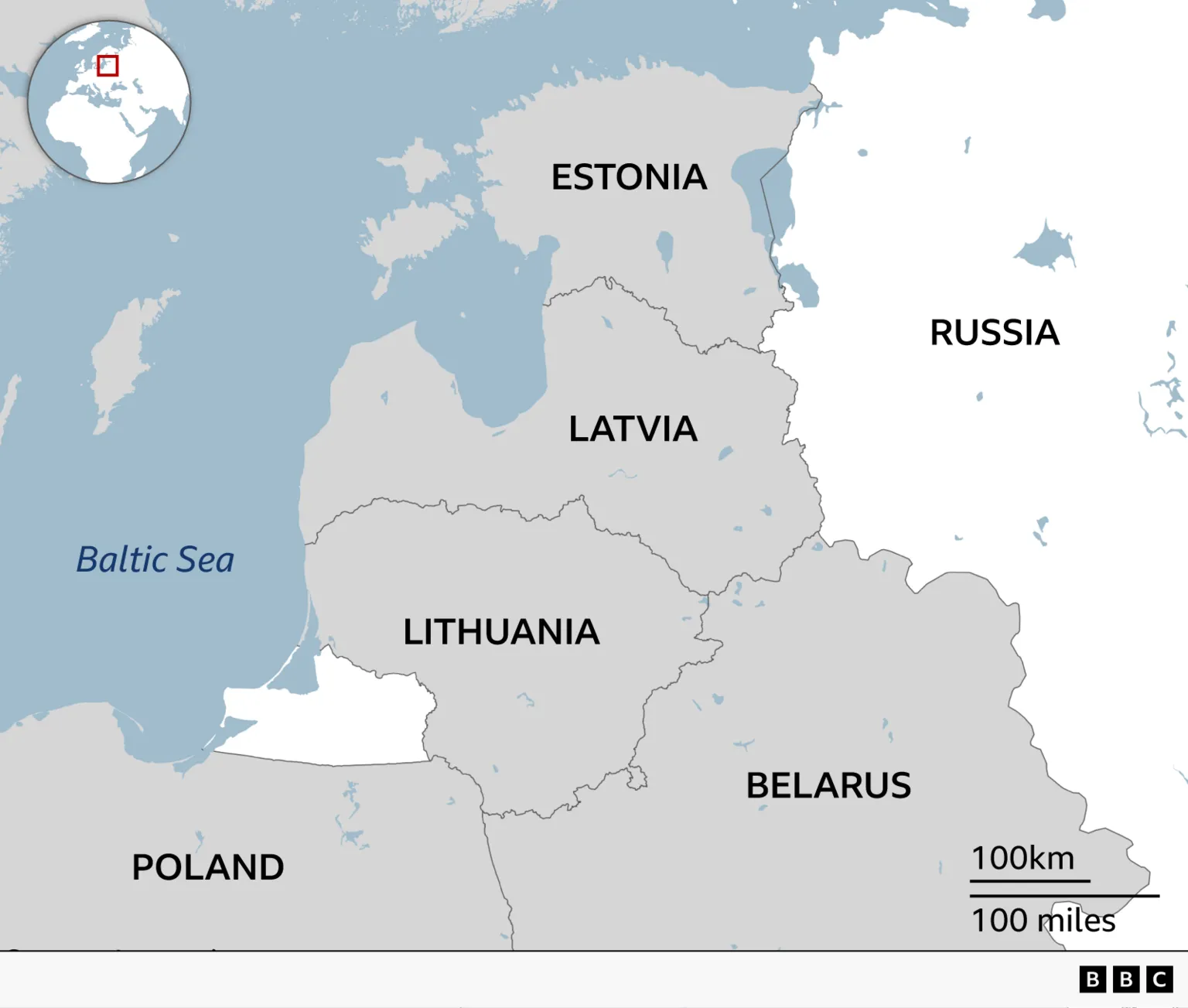 Baltic region map showing Estonia, Latvia, and Lithuania, NATO's eastern flank facing potential Russian threat by 2029.