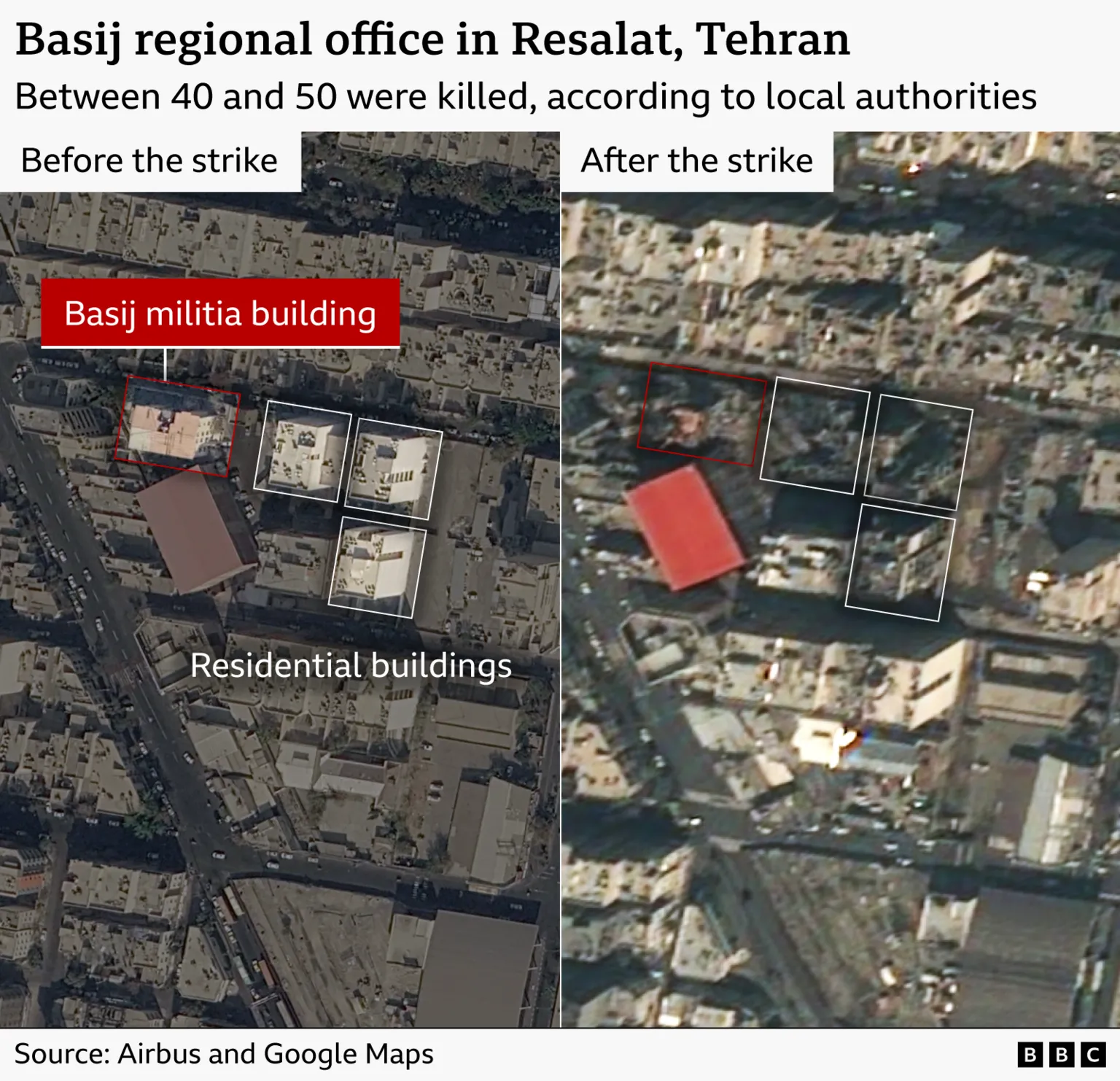 Satellite imagery shows before and after destruction of buildings in eastern Tehran following Israeli military strikes.