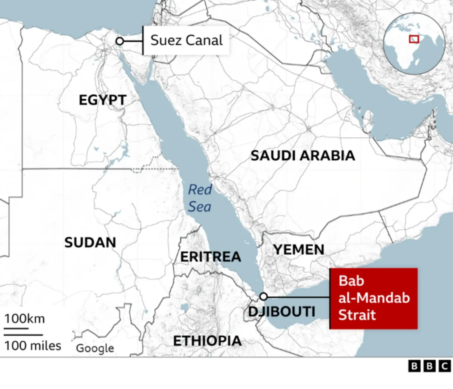 Map depicting the Bab al-Mandab Strait region, key waterway for Houthi operations and regional tensions.