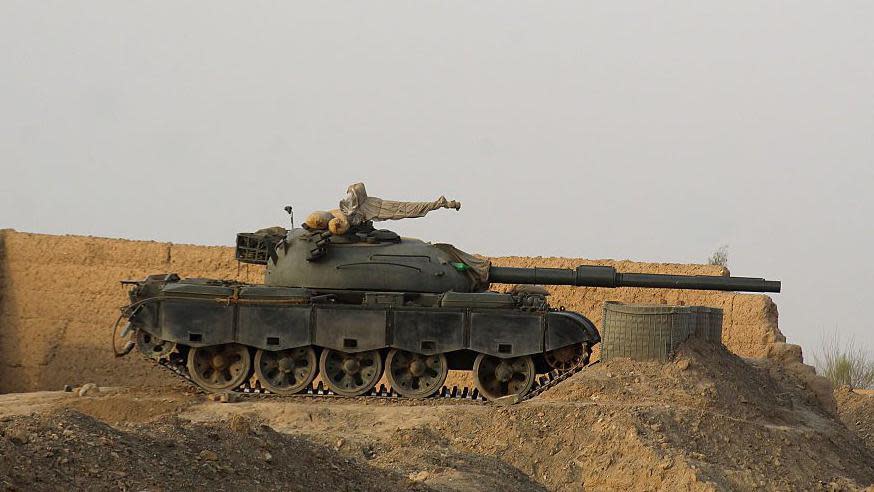 A tank was pictured situated near the border in Chaman, Pakistan on Friday.