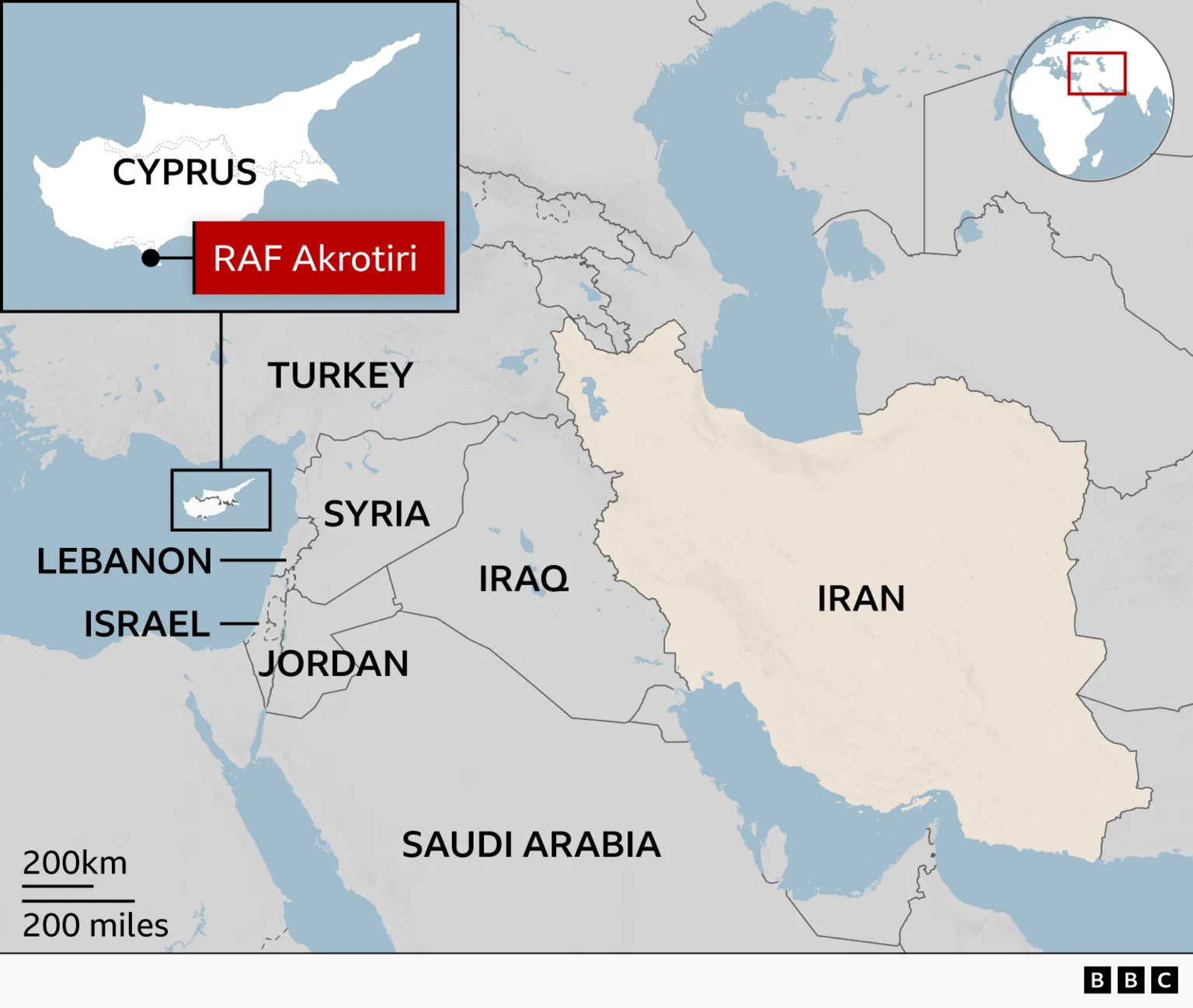 Map showing RAF Akrotiri's strategic location in Cyprus, designated as target by Iran amid escalating regional tensions.