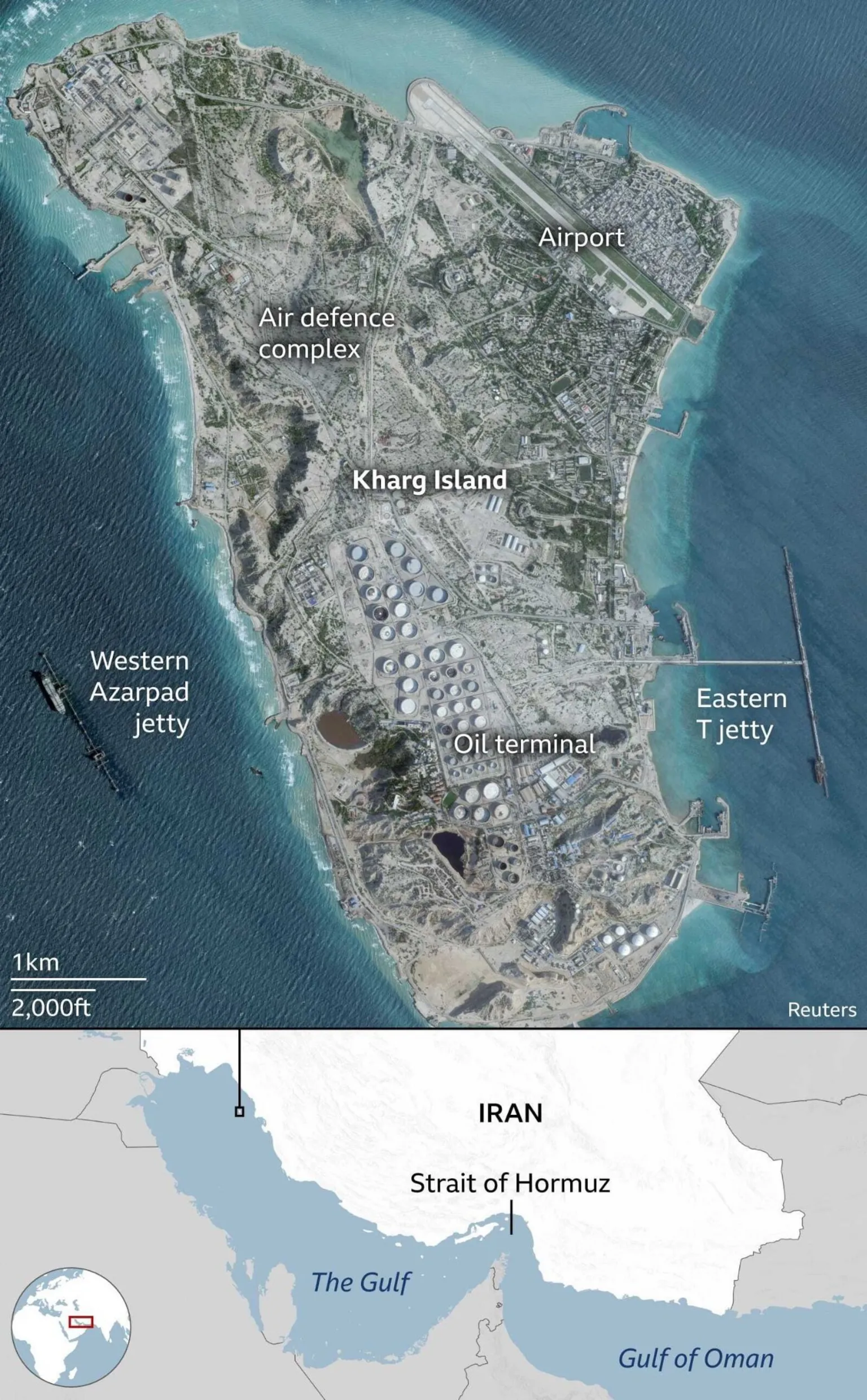 Satellite imagery shows Kharg Island's strategic location in the Persian Gulf, Iran's critical energy infrastructure.