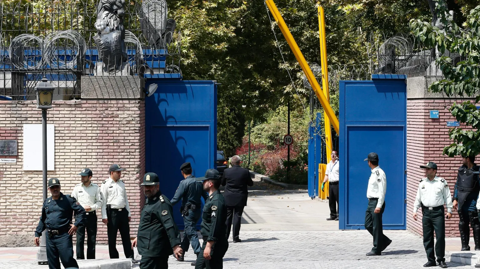 British Embassy in Tehran, Iran, as Western nations withdraw diplomatic staff following nuclear talks collapse.