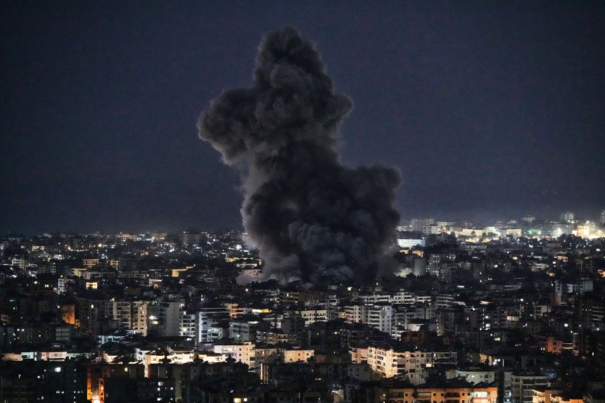 Smoke rises from Israeli airstrikes that struck a building housing Al-Manar channel studios in Dahiyeh, a southern suburb of Beirut, Lebanon, early on Tuesday, March 3, 2026.
