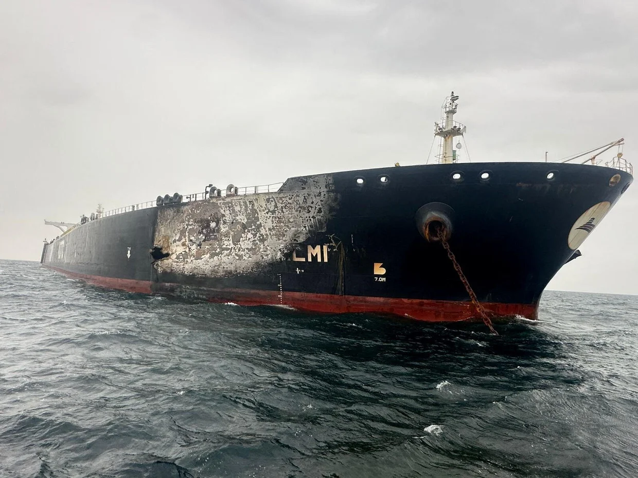 Damage to the Kuwait-flagged Al-Salmi crude oil tanker, following a reported Iranian drone strike, is seen off the coast of Dubai amid the U.S.-Israeli war with Iran, March 31, 2026.Kuwait Petroleum Corporation/Handout/Reuters