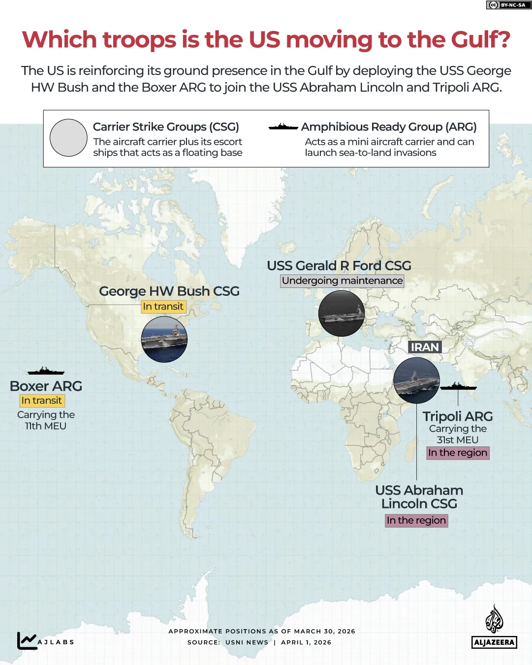 Map shows US military troop movements and force deployments across Middle East during Iran operations.