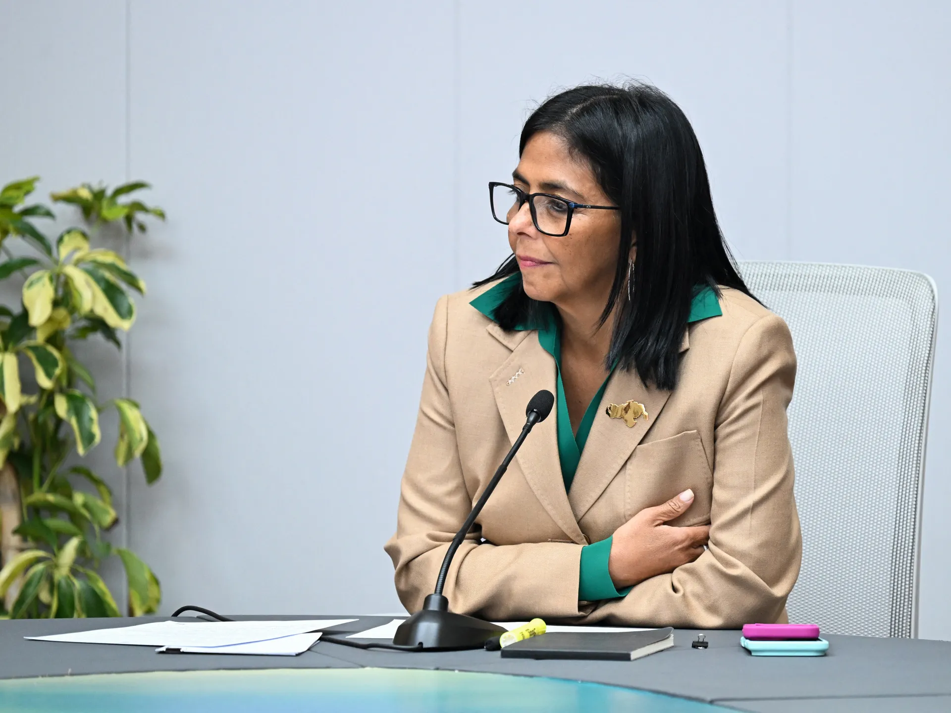 Venezuela's interim President Delcy Rodriguez holds a meeting with a Colombian government delegation at the Miraflores Presidential Palace in Caracas on March 13, 2026 [Juan Barreto/AFP]