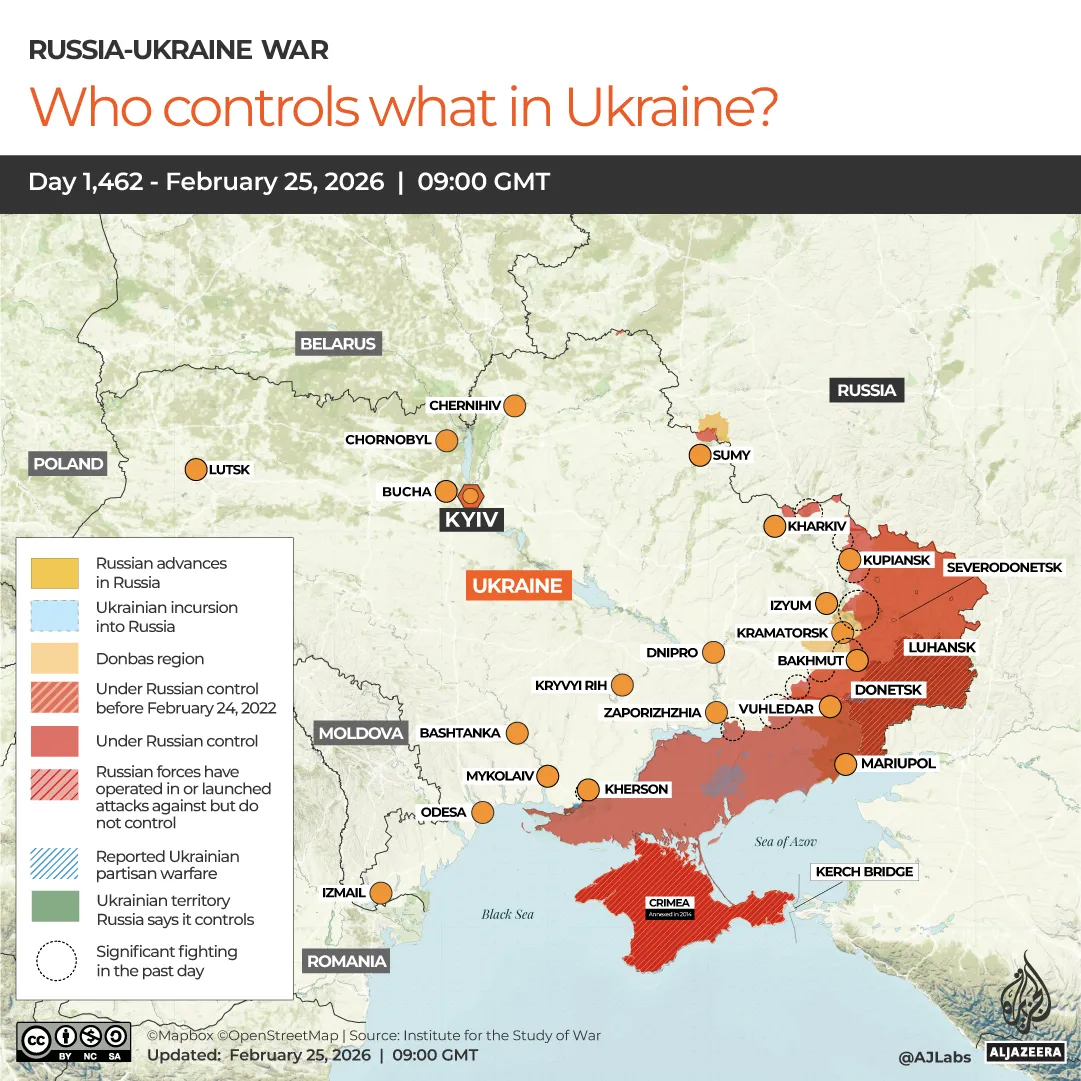 Interactive map showing territorial control in Ukraine as of the war's fourth anniversary in February 2026.