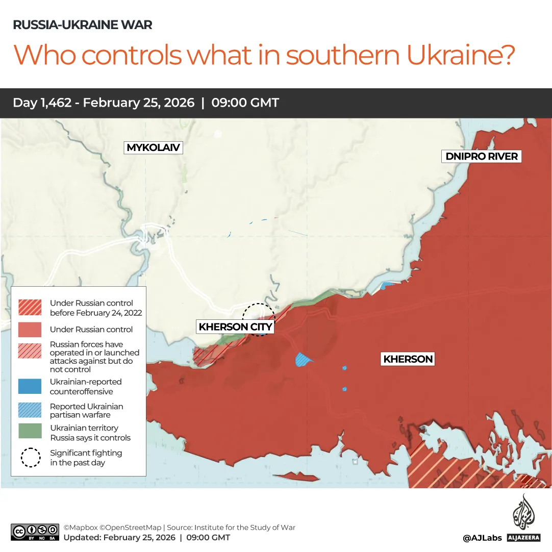 Interactive map displaying territorial control in southern Ukraine during the fifth year of Russia's full-scale invasion.