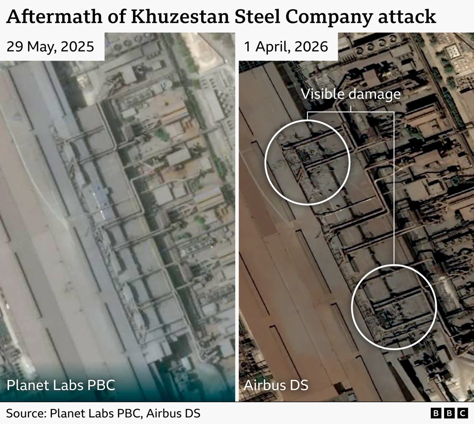 Satellite photos showing the before and after of the strike on Khuzestan Steel Company.