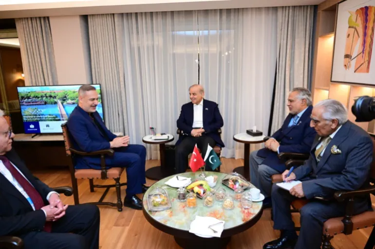 Turkey's Foreign Minister Hakan Fidan meets Pakistan's Prime Minister Muhammad Shehbaz Sharif amid regional diplomatic efforts.