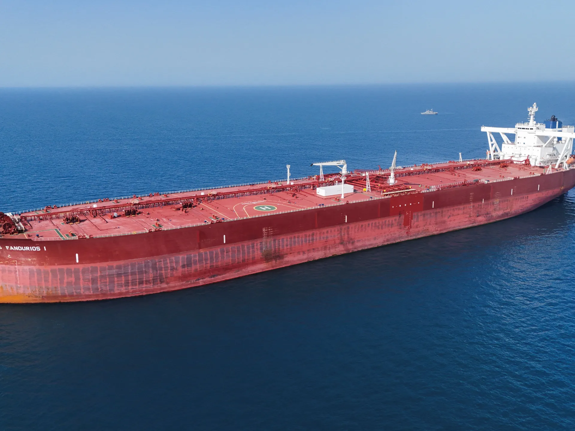 A drone view shows the Malta-flagged tanker Agios Fanourios I, an oil tanker that sailed through the Strait of Hormuz, arriving in Iraq’s territorial waters off Basra, Iraq, on April 17, 2026 [Mohammed Aty/Reuters]