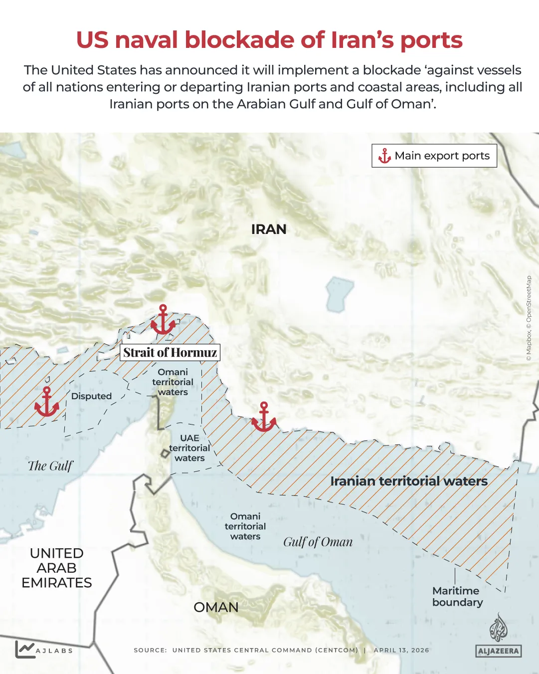 Map showing the US naval blockade of Iranian ports amid escalating tensions over the Strait of Hormuz.