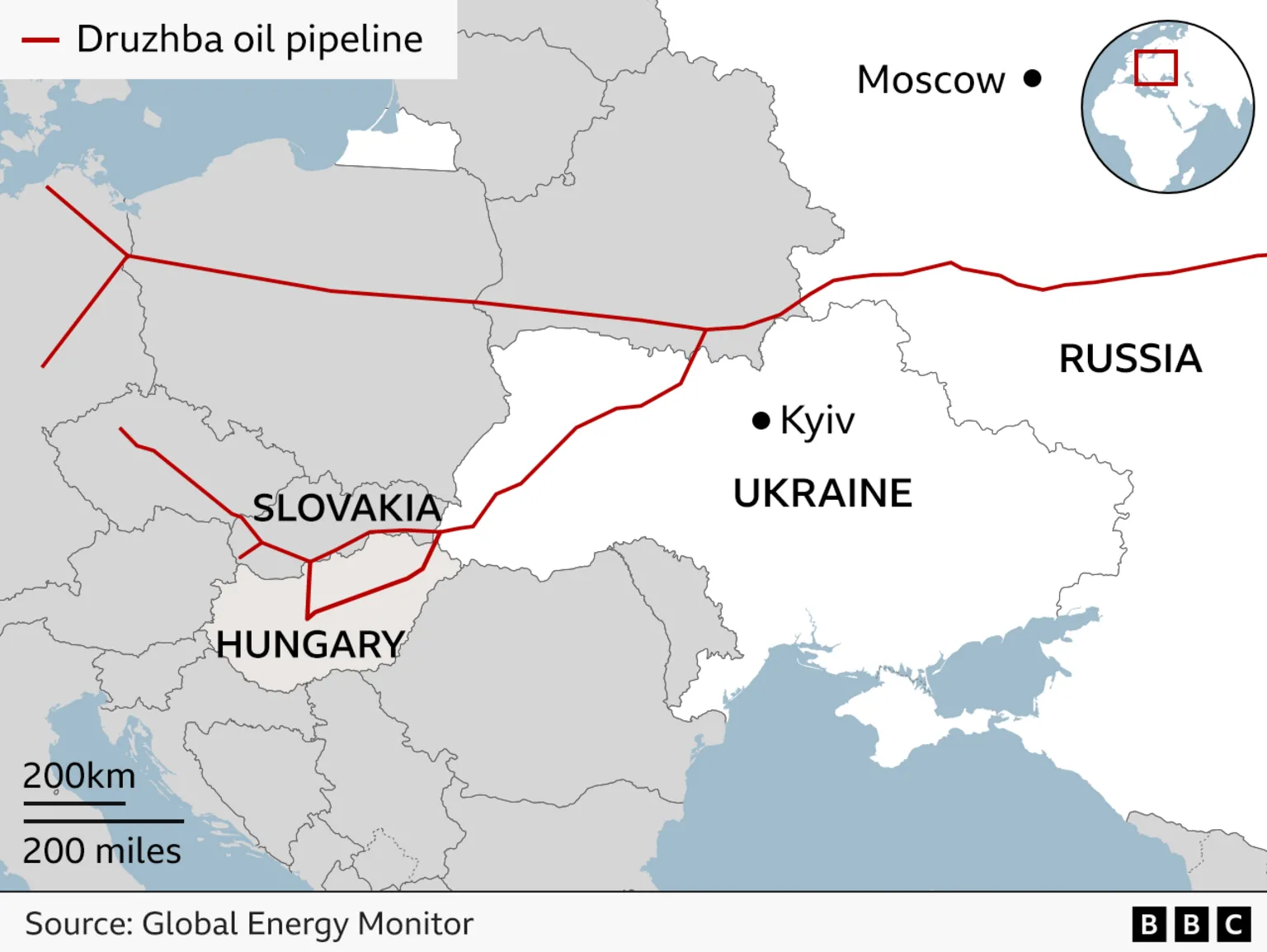 Map depicts Druzhba pipeline routes from Russia through Hungary and Ukraine into European energy networks.