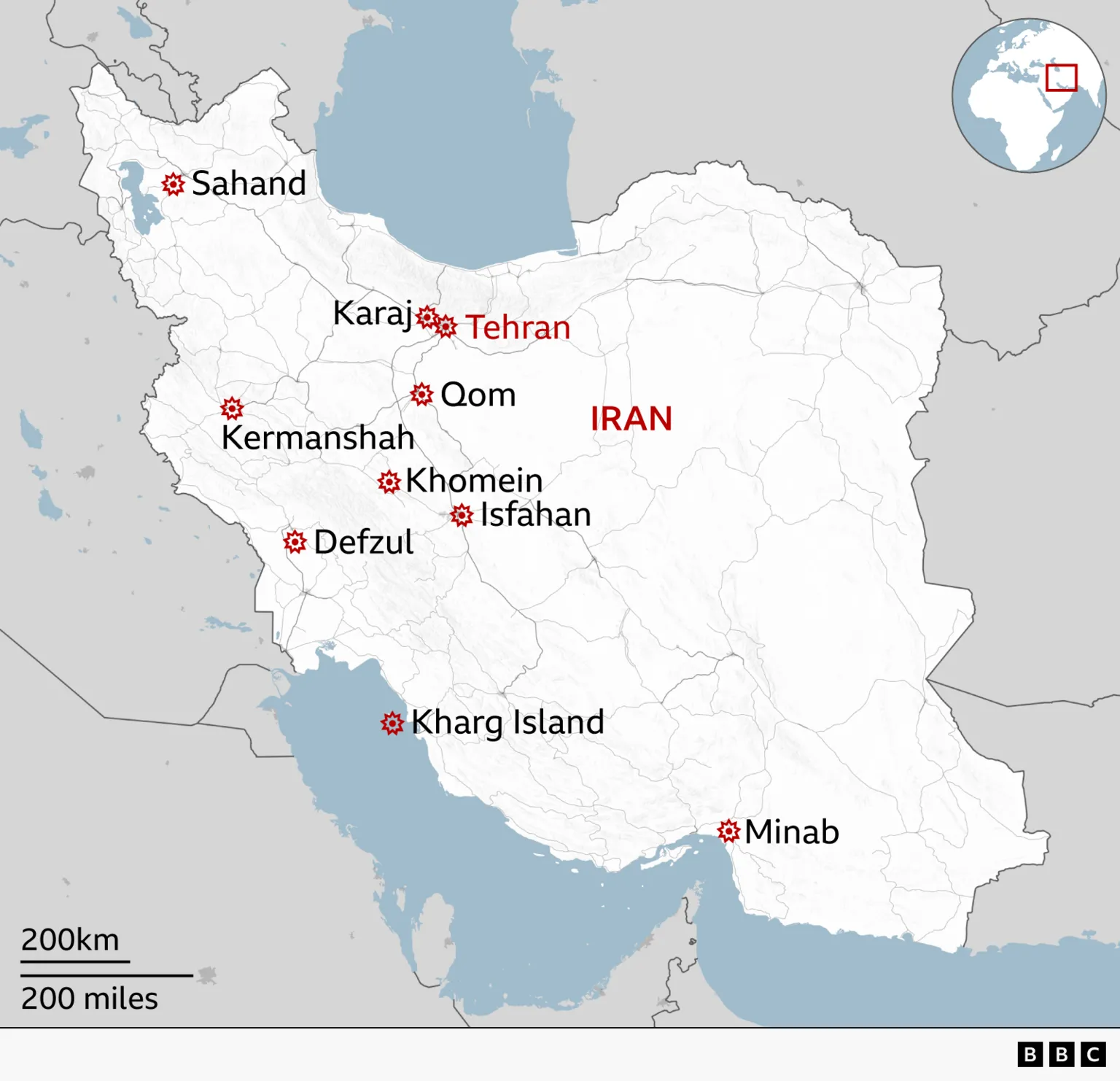 Map of Iran showing Tehran and surrounding cities targeted in Saturday's coordinated military strikes.