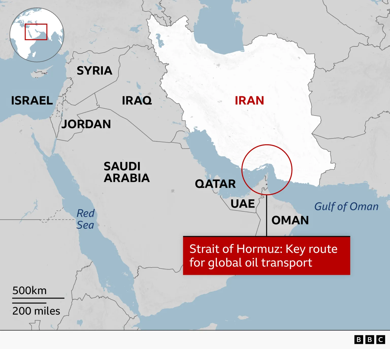 Map of the Strait of Hormuz, critical global oil shipping route affected by regional tensions.