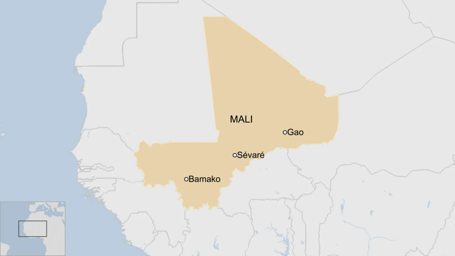 A map showing the locations of Bamako, Sevare and Gao in Mali.