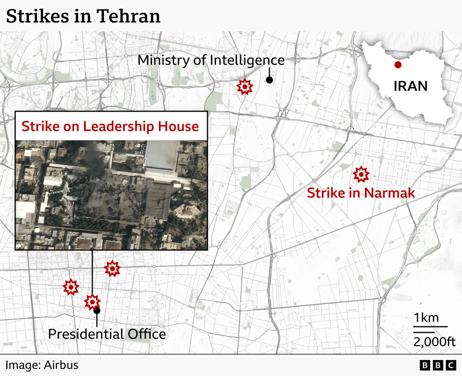 Map indicates locations of Israeli strikes in Tehran near strategic military and government installations during the attack.