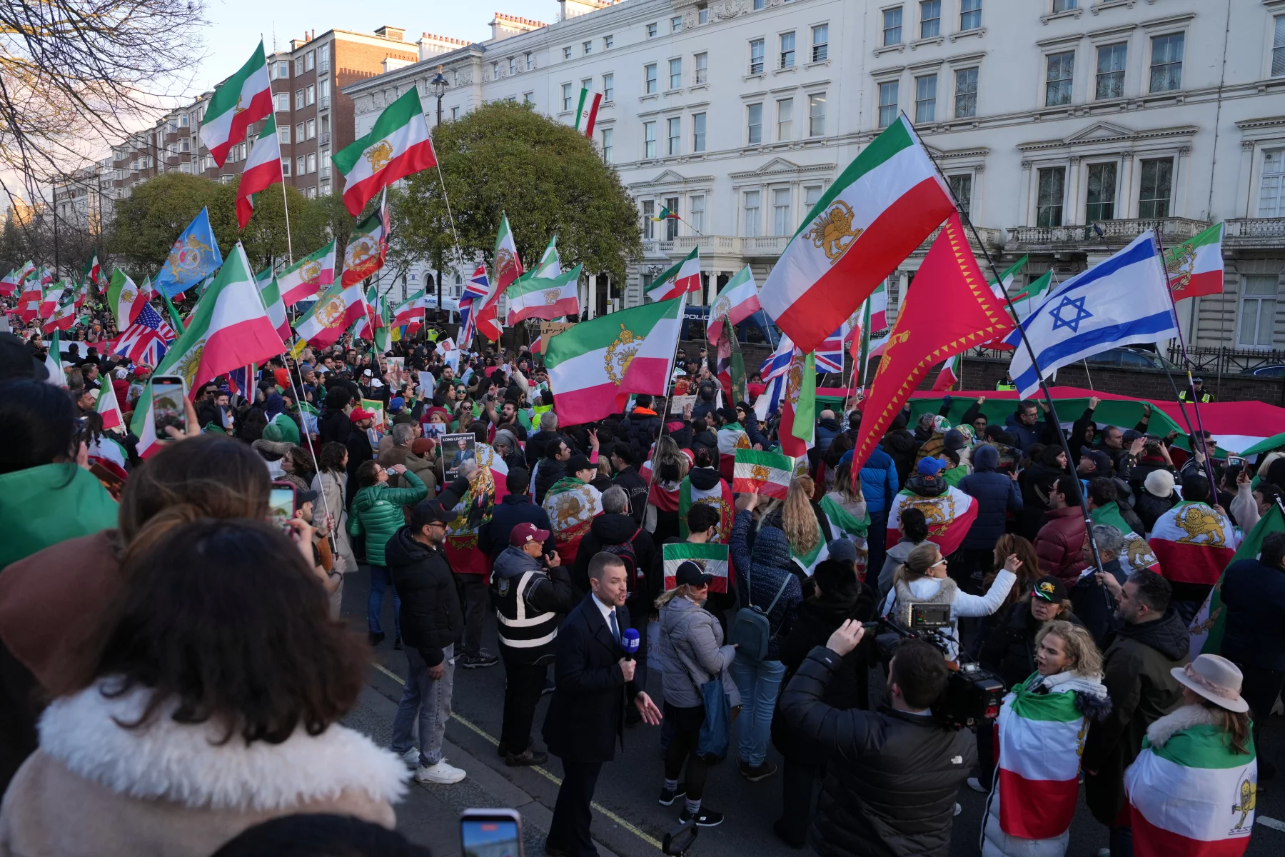 Protesters gather in London, Saturday, Feb. 28, 2026 after U.S. and Israeli forces carried out a series of strikes on Iran on Saturday morning.