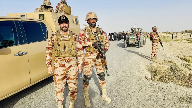 Pakistani soldiers patrol the de facto Pakistan-Afghan border in Chaman following recent military escalations in the region.