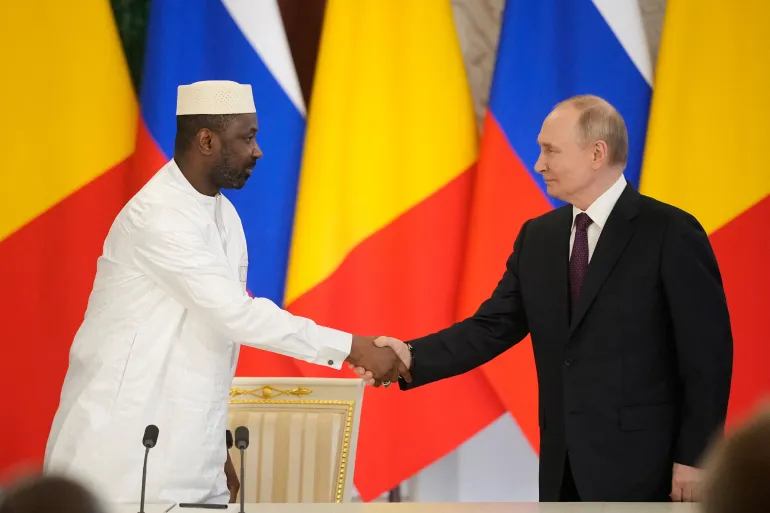 Malian President Assimi Goita meets Russian President Vladimir Putin at the Kremlin in June 2025.