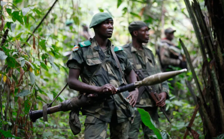 DRC soldiers conduct search operations for ADF rebels in North-Kivu province near Beni.