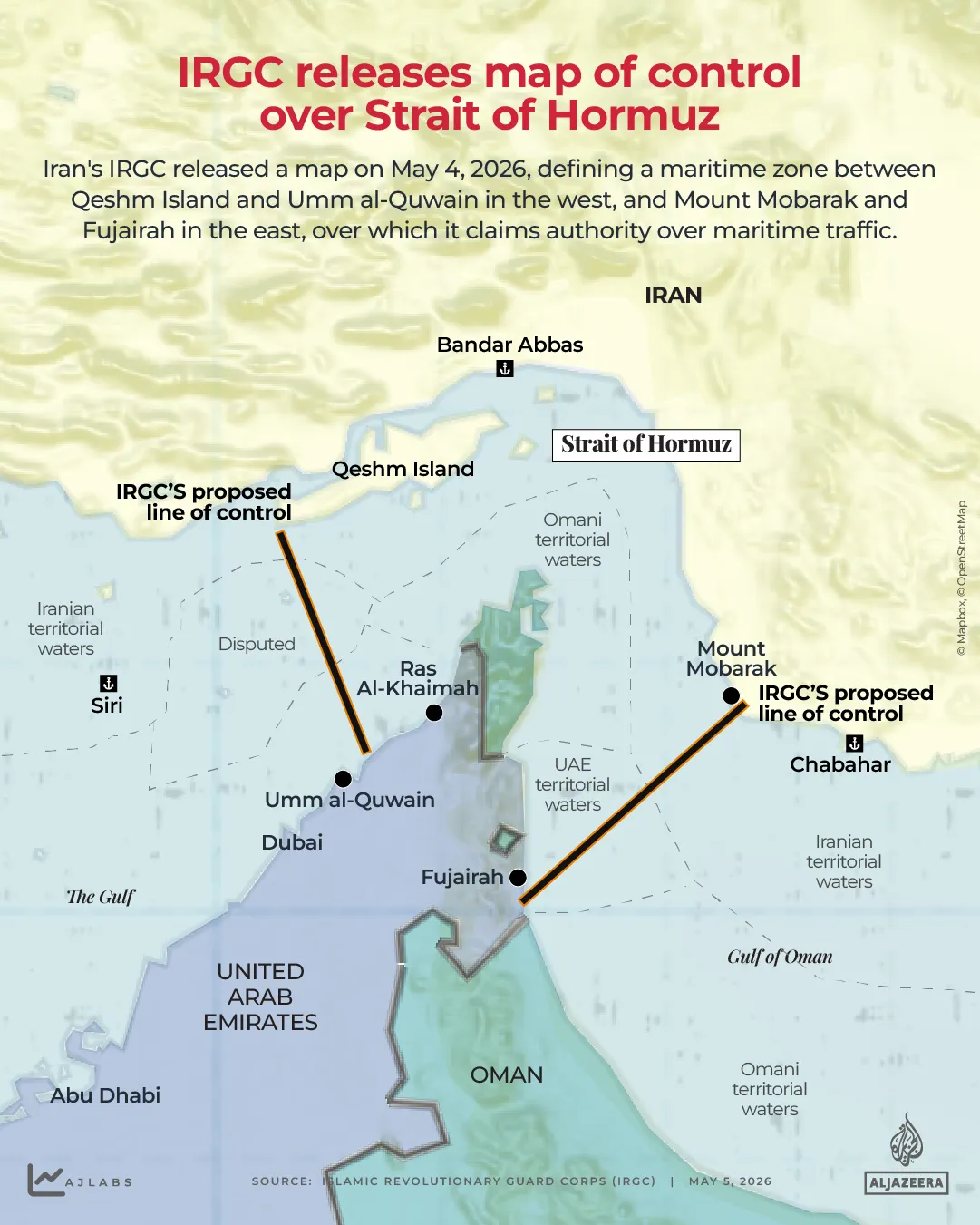 Map showing Iranian Revolutionary Guard Corps (IRGC) strategic positioning and control areas amid regional escalation.