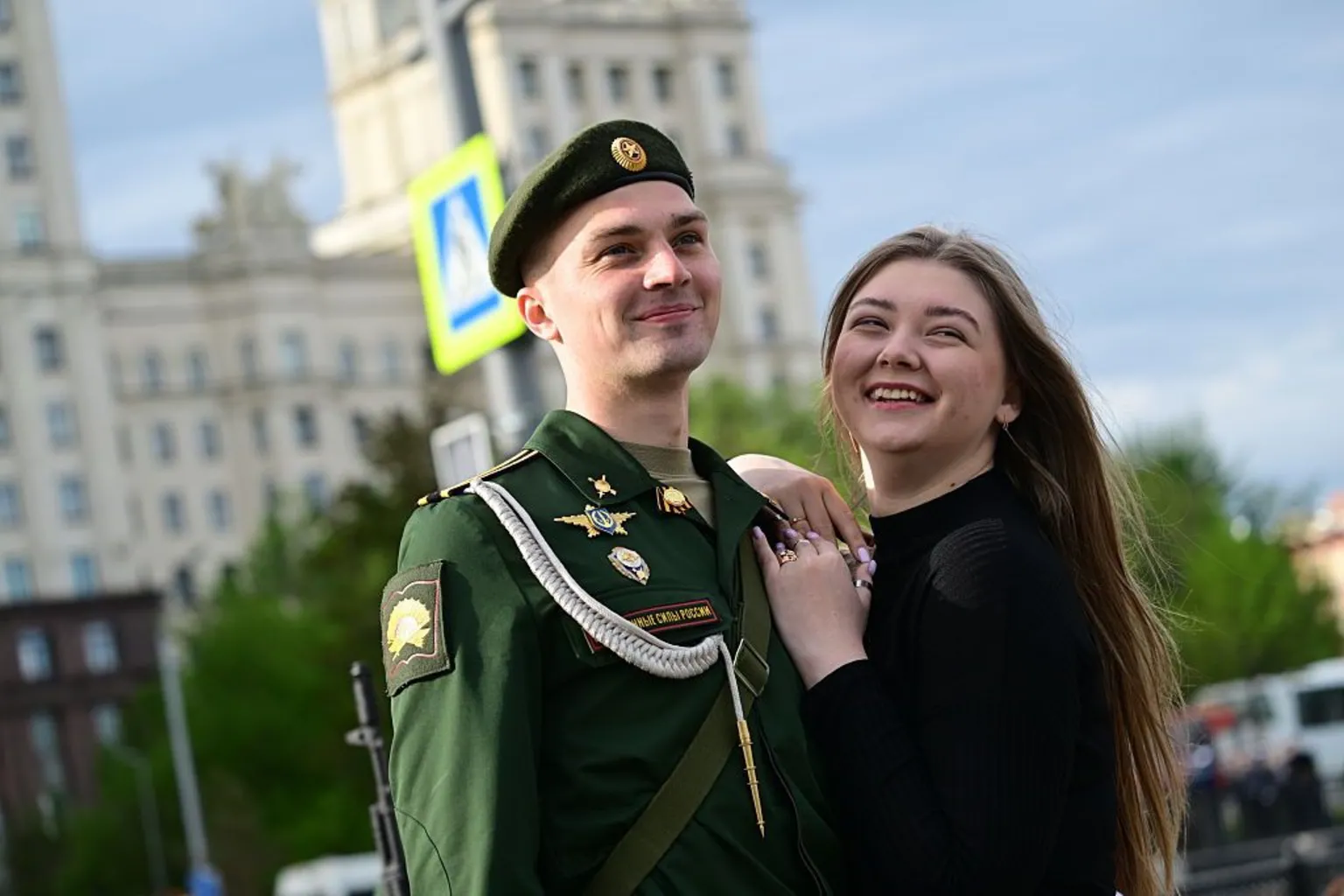 Russian military personnel marched in formation during the annual Victory Day parade in Moscow's Red Square.