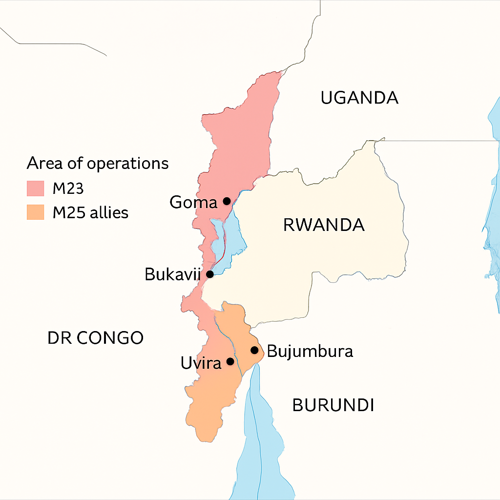 Map showing M23 rebel group control areas in eastern Democratic Republic of Congo.