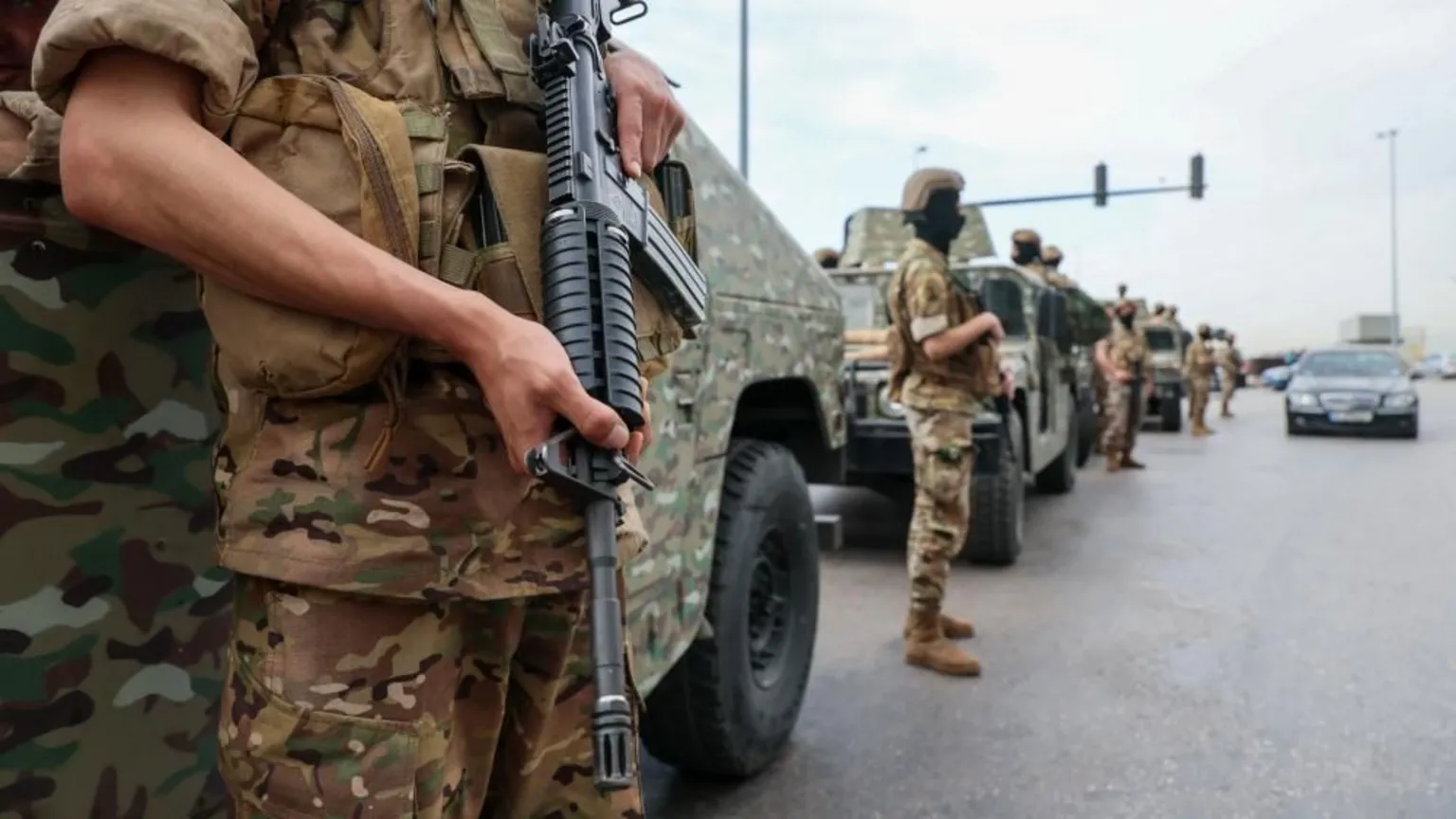 Lebanese army soldiers man a checkpoint in Beirut