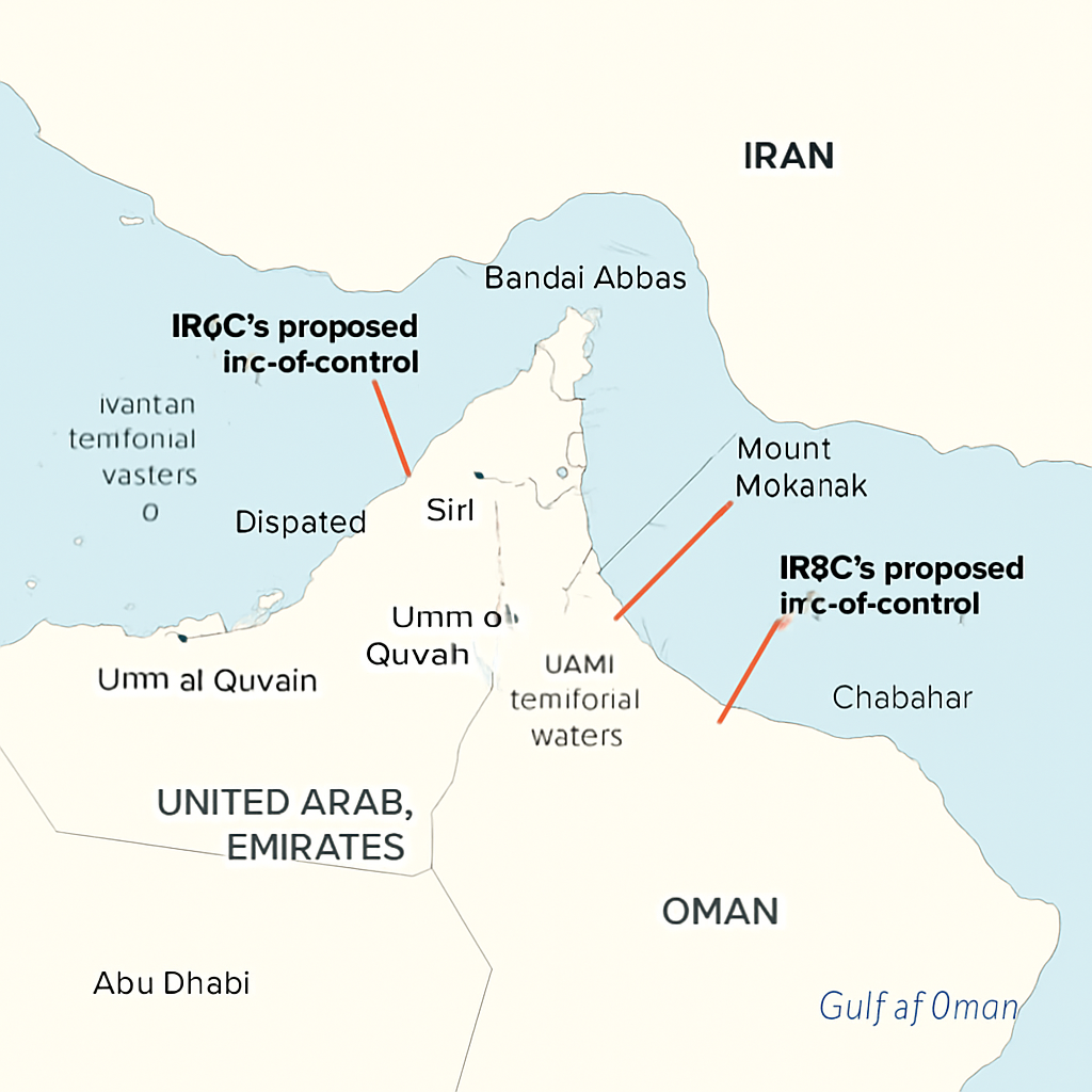 Iran's Islamic Revolutionary Guard Corps map shows claimed control zones in the Persian Gulf region.